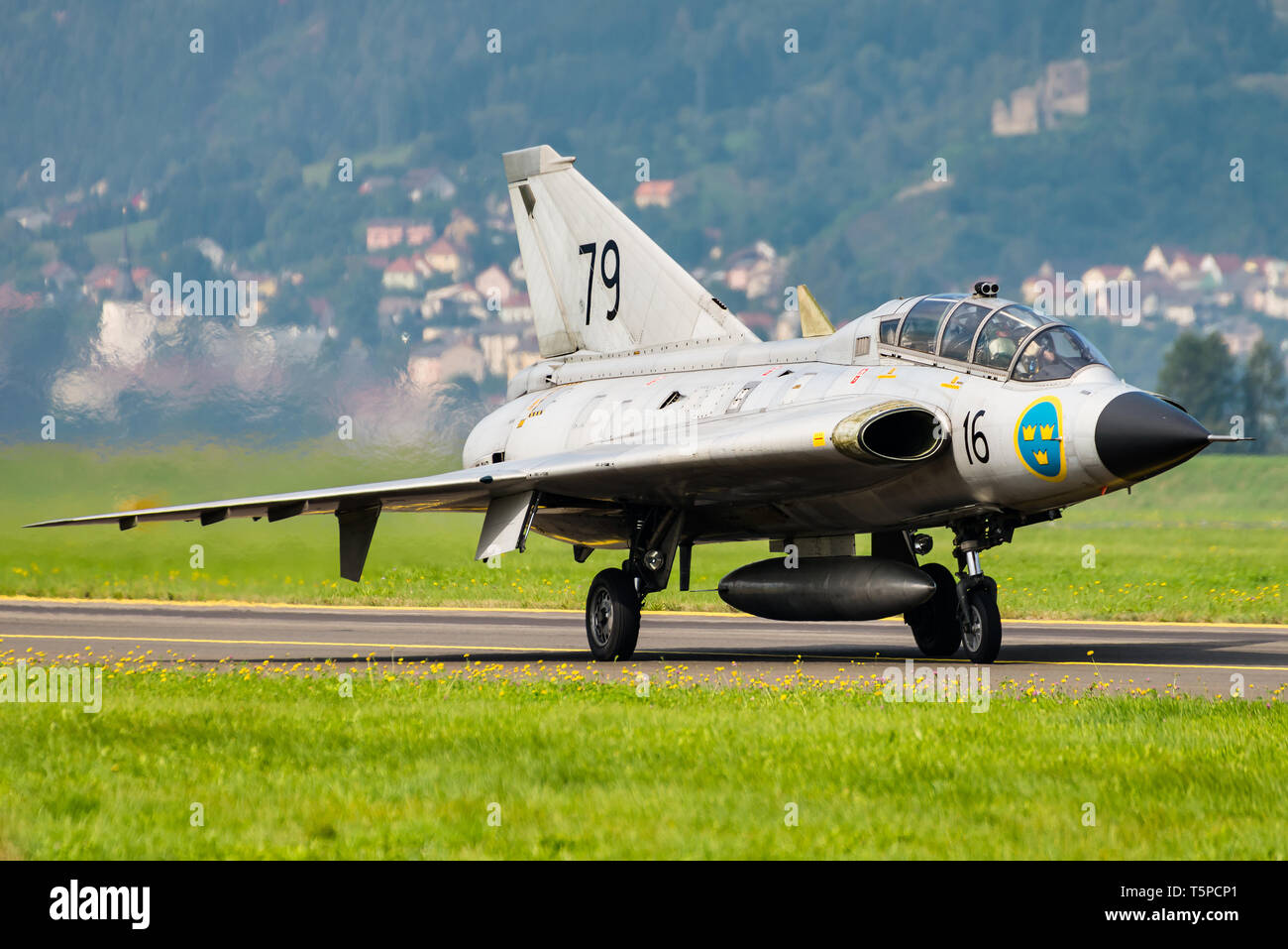 A Saab 35 Draken supersonic aircraft of the Swedish Air Force Historic Flight. Stock Photo