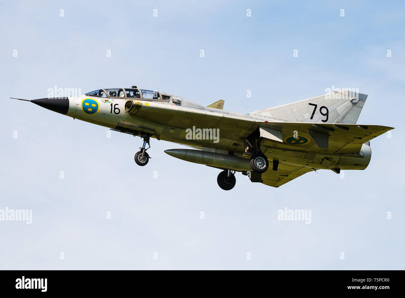 A Saab 35 Draken supersonic aircraft of the Swedish Air Force Historic Flight. Stock Photo