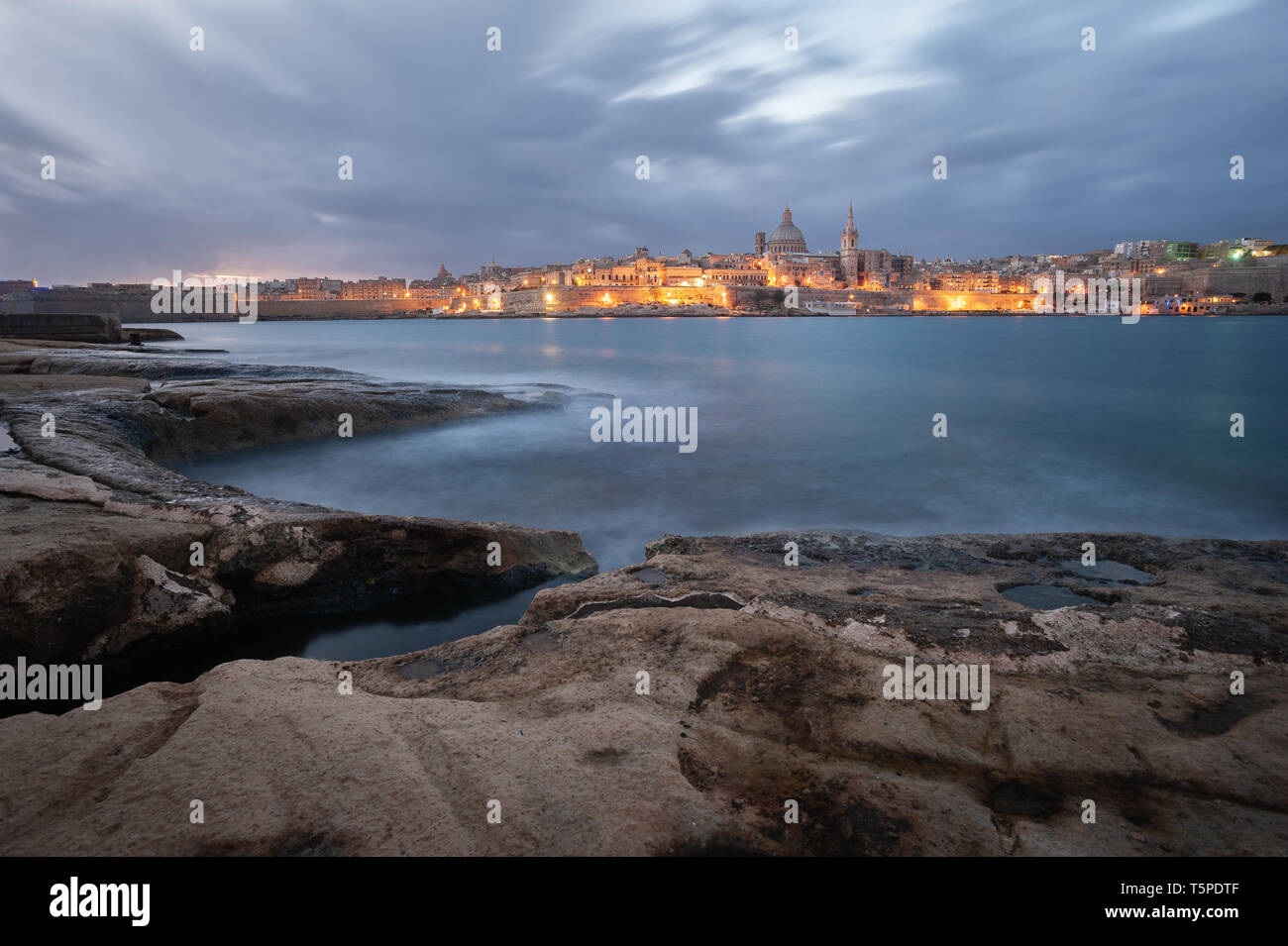 View at Valletta, Malta from Sliema seashore. Stock Photo