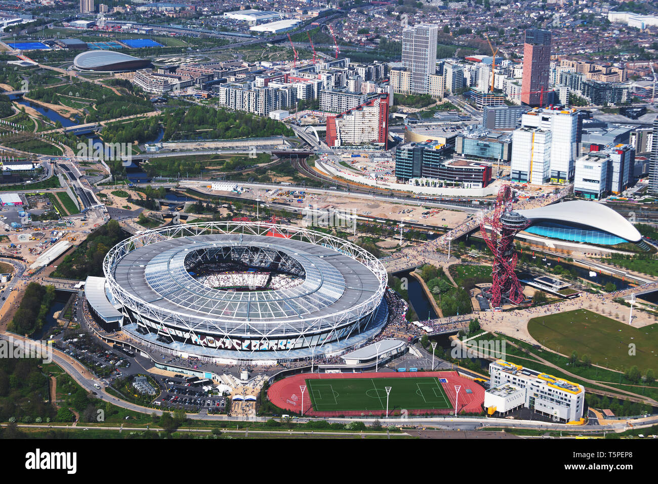 Aerial view of the Olympic village and West Ham's stadium. Stock Photo