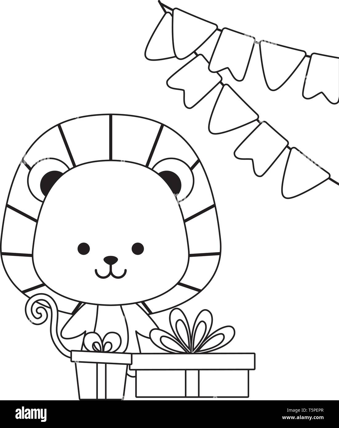 cute lion with gifts boxes and garlands hanging vector illustration ...