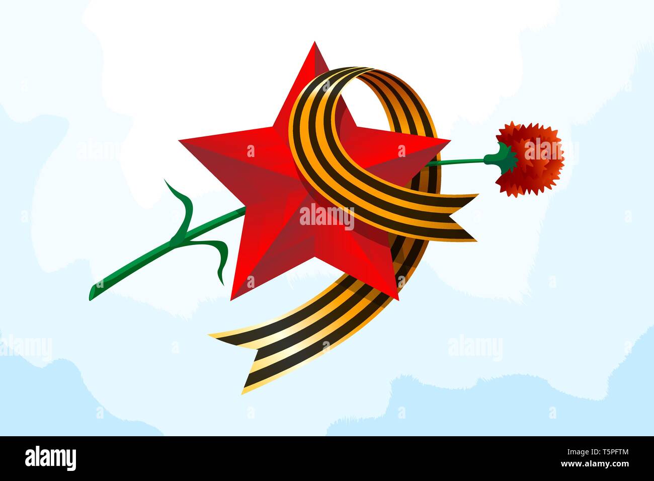 May 9 Russian USSR red army holiday Great Victory day. Big red star, figure nine from St. George's ribbon, carnation. Excellent vector illustration gi Stock Vector