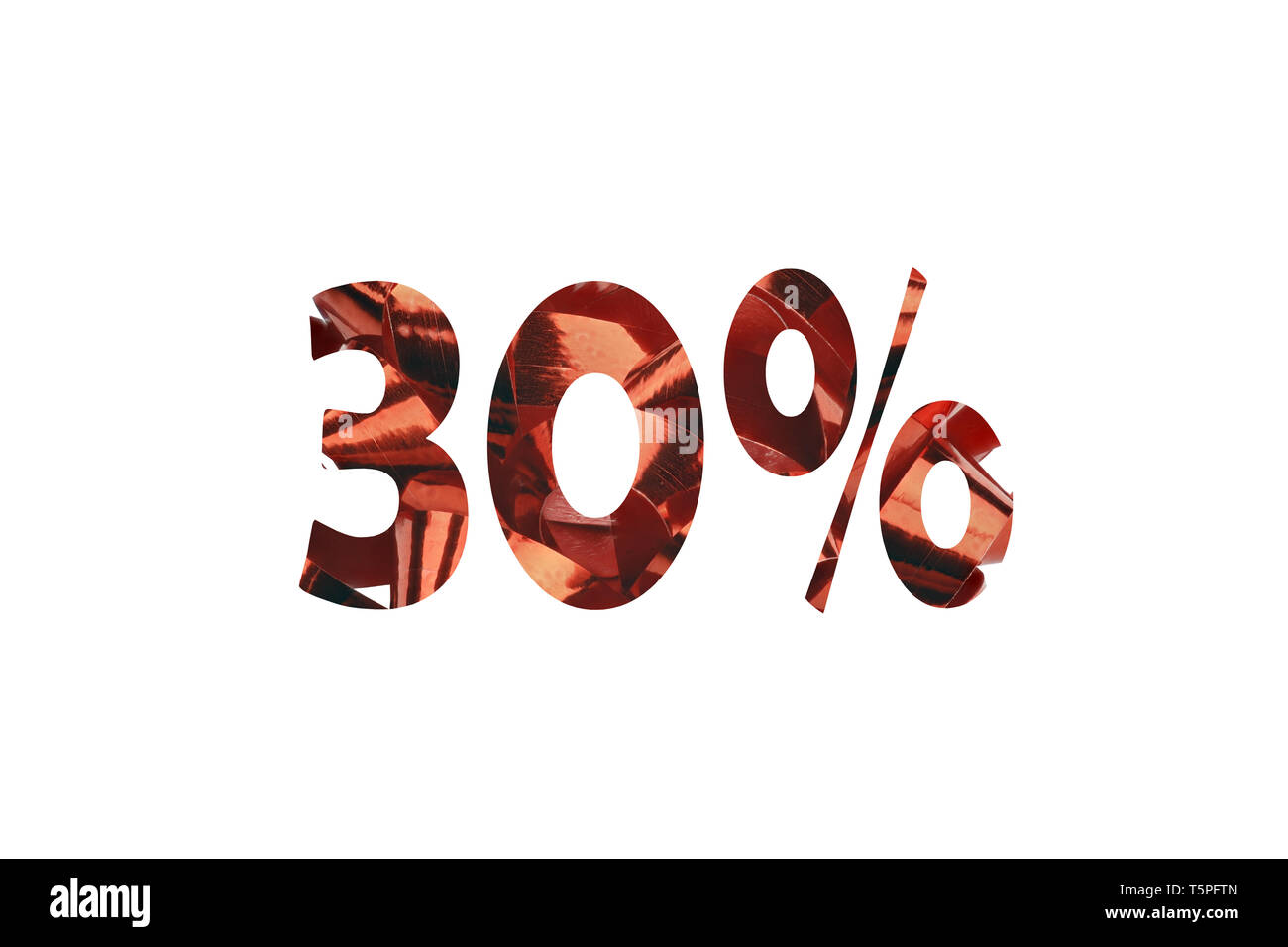 Red number 30 percent cut out of a picture with red gift ribbon Stock Photo