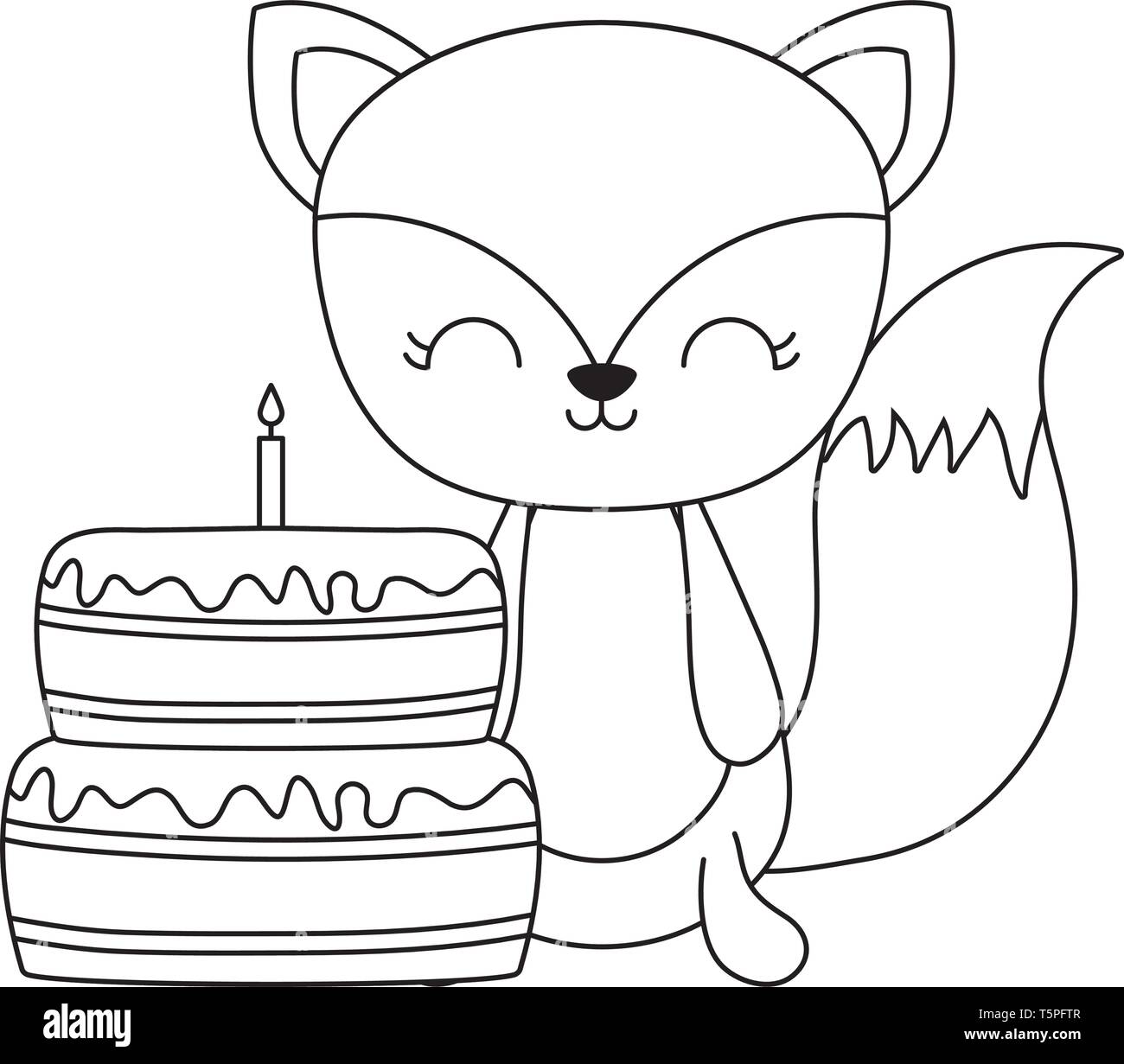 cute fox with cake of birthday vector illustration design Stock Vector ...