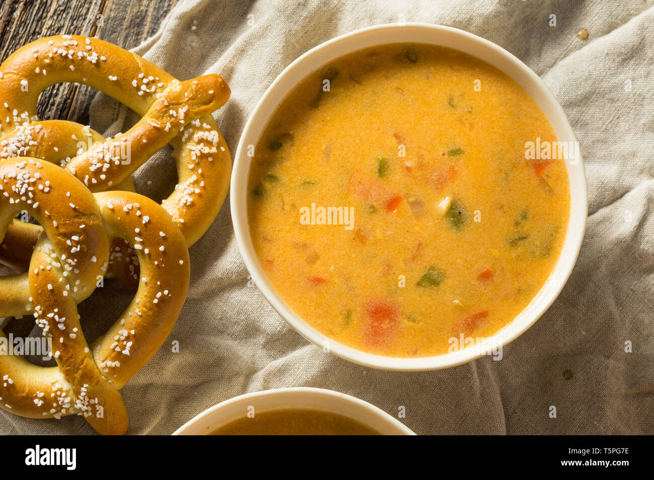Homemade Beer Cheese Soup with Soft Pretzels Stock Photo Alamy