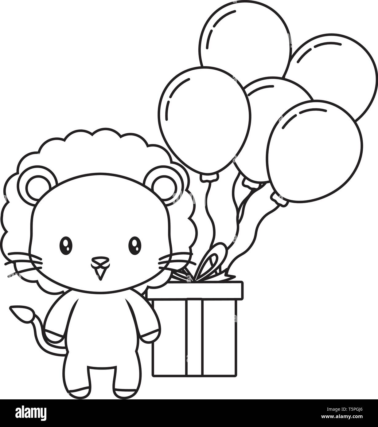 cute lion with gift box and balloons helium vector illustration design ...