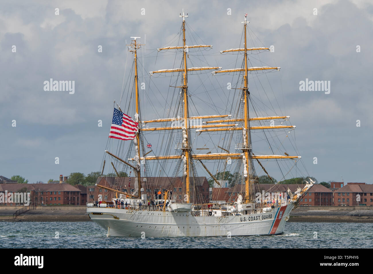 The United States Coast Guard training cutter USCGC Eagle in The Solent approaching Portsmouth, UK on the 26th April 2019, for a courtesy visit. Stock Photo