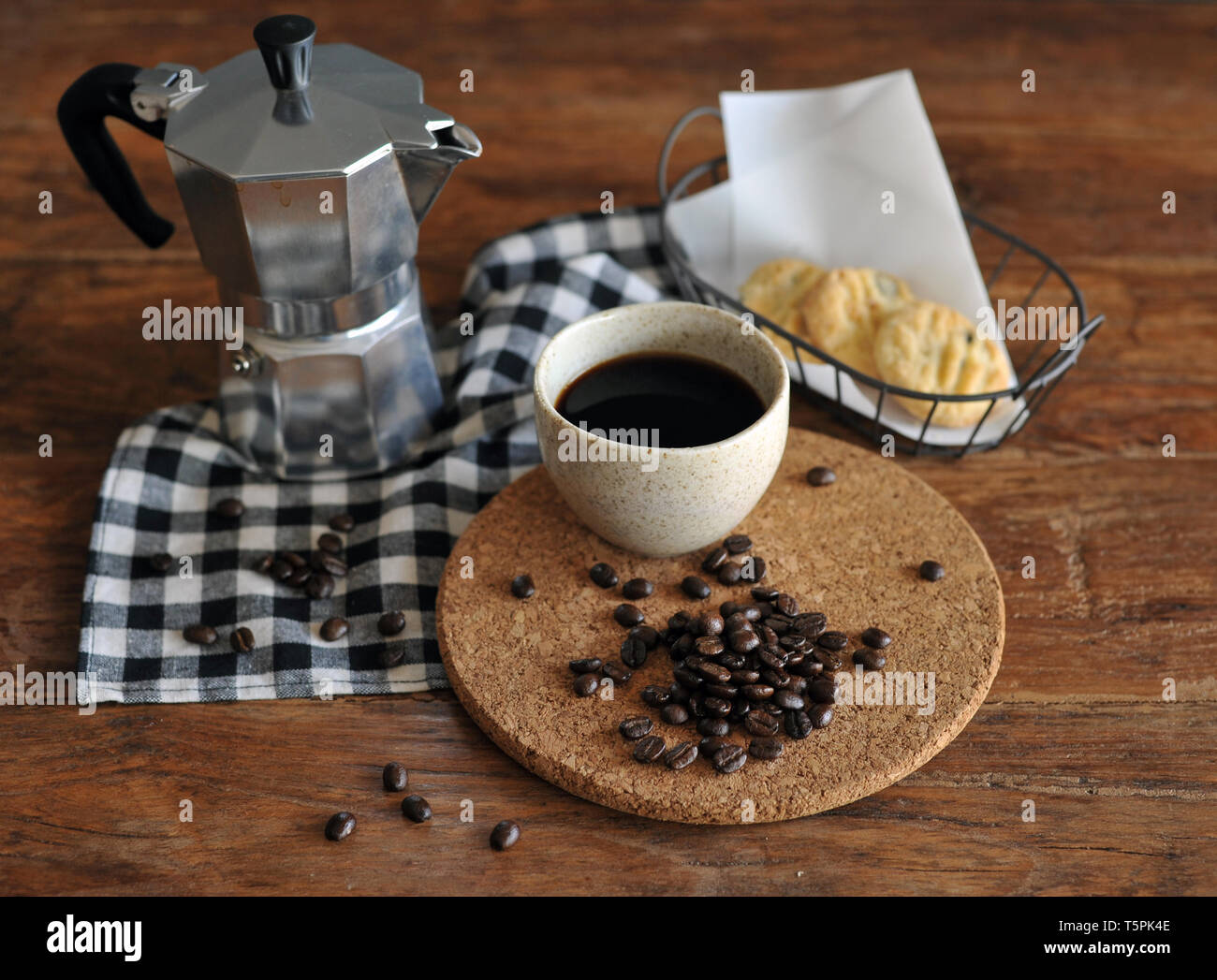 Moka Coffee Pot Espresso Glass And Coffee Beans Stock Photo