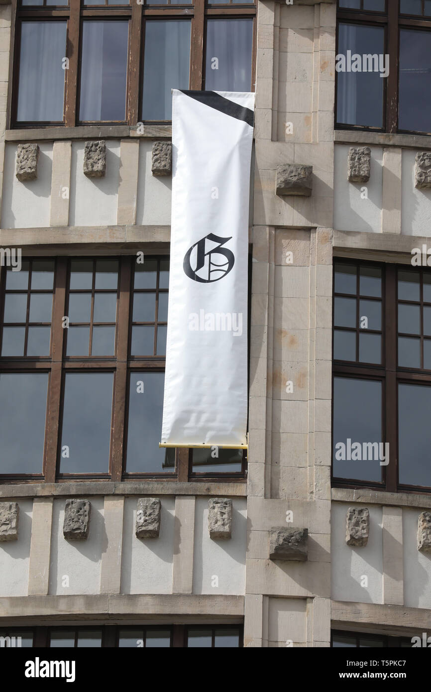 26 April 19 Thuringia Erfurt A Banner With The Logo Of The Gutenberg Gymnasium And A Mourning Pile Hangs On The School Building On The Morning Of 26 April 02 A Former