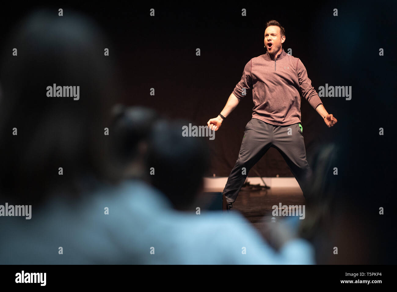 Stuttgart, Germany. 26th Apr, 2019. Eric Gauthier, dancer and director of the Companie Gauthier Dance, gives a lightning workshop on the first day of the dance fair 'DanceWorld Stuttgart'. The fair will take place from 26 to 28 April. Credit: Sebastian Gollnow/dpa/Alamy Live News Stock Photo