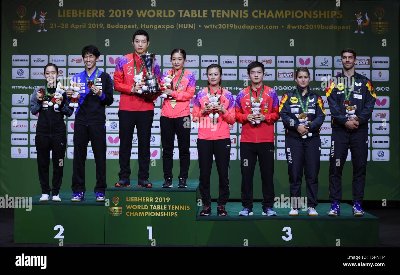 Budapest. 26th Apr, 2019. Medalists pose on the podium during the awarding ceremony of the mixed doubles at 2019 ITTF World Table Tennis Championships in Budapest, Hungary on April 26, 2019. Credit: Tao Xiyi/Xinhua/Alamy Live News Stock Photo