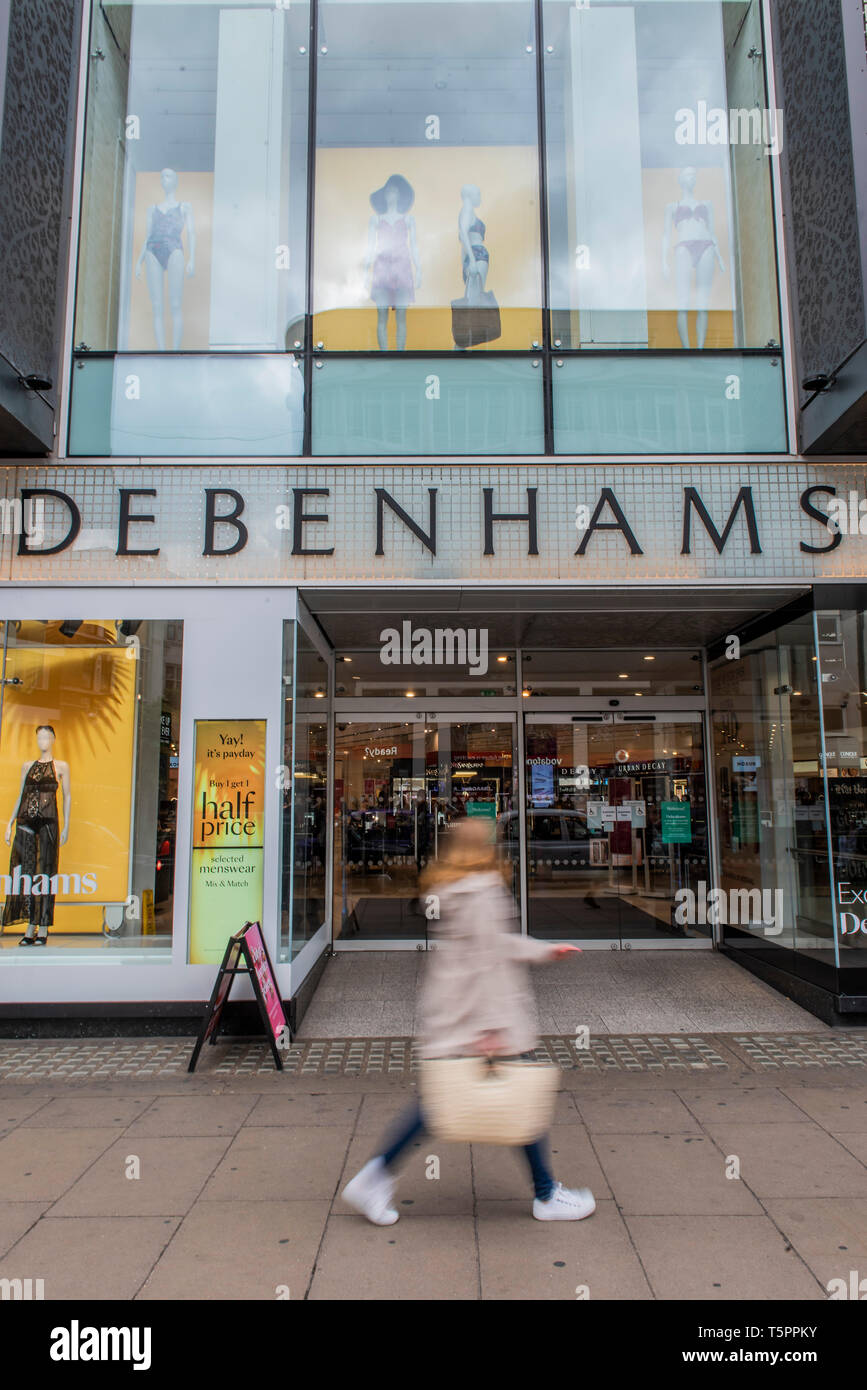 London, UK. 26th Apr 2019. Consumers Pass By Debenhams Oxford Street ...