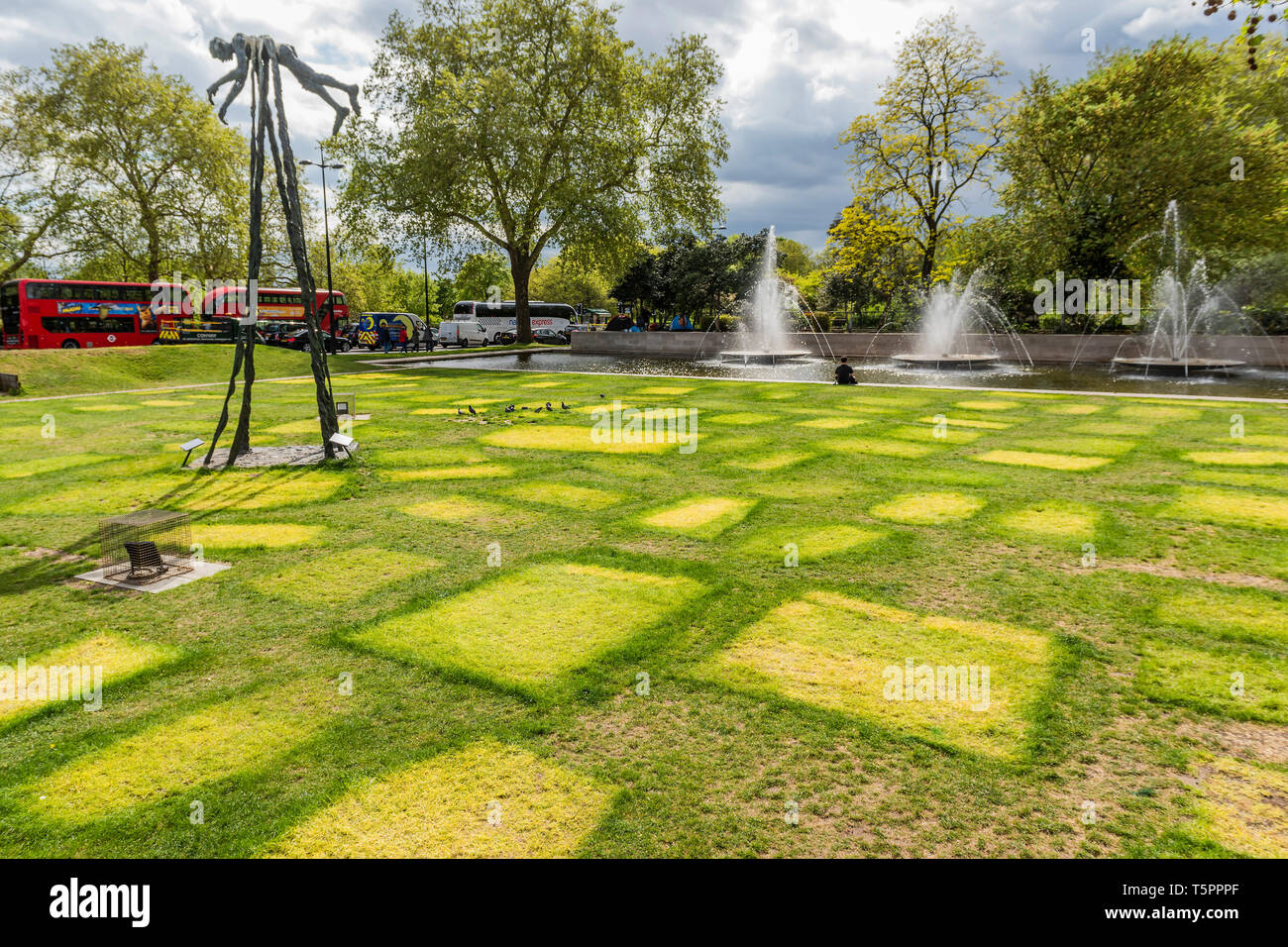 Marble Arch, London, UK. 26th Apr, 2019. A ghost town, marked only by yellow patches on the grass, with only one reamining camper. The site of the Extinction Rebellion Camp at Marble Arch. Credit: Guy Bell/Alamy Live News Stock Photo