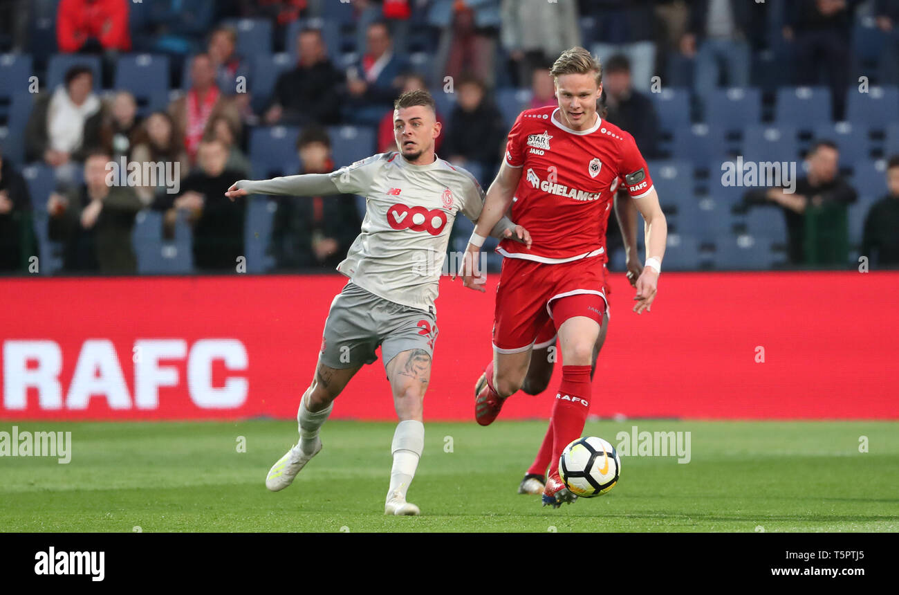 Antwerp Belgium April 26 Maxime Lestienne Of Standard And Simen Juklerod Of Antwerp Fight For The Ball During The Jupiler Pro League Play Off 1 Match Day 6 Between Royal Antwerp Fc