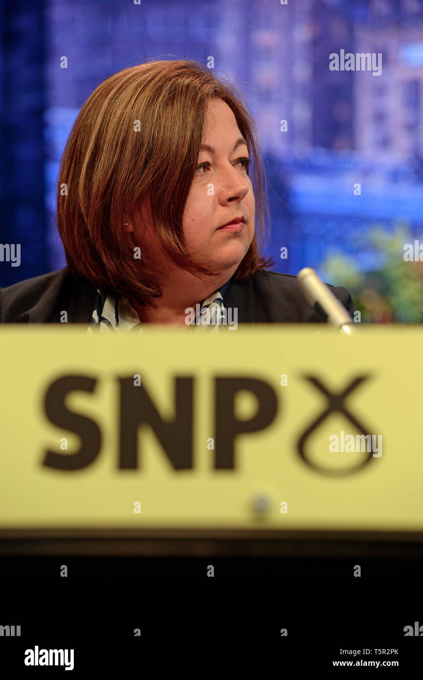 Edinburgh, Scotland, United Kingdom. 27th Apr, 2019. The SNP's business convener Kirsten Oswald, who has recently come to the role, listens to the opening address at the Scottish National Party's Spring Conference in the Edinburgh International Conference Centre. Credit: Ken Jack/Alamy Live News Stock Photo