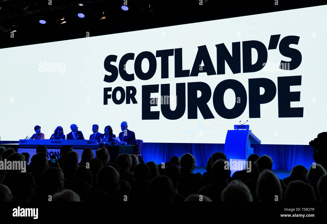 Edinburgh, Scotland, UK. 27th Apr, 2019. SNP ( Scottish National Party) Spring Conference takes place at the EICC ( Edinburgh International Conference Centre) in Edinburgh. Pictured video introduction at start of Day 1 proceedings. Credit: Iain Masterton/Alamy Live News Credit: Iain Masterton/Alamy Live News Stock Photo