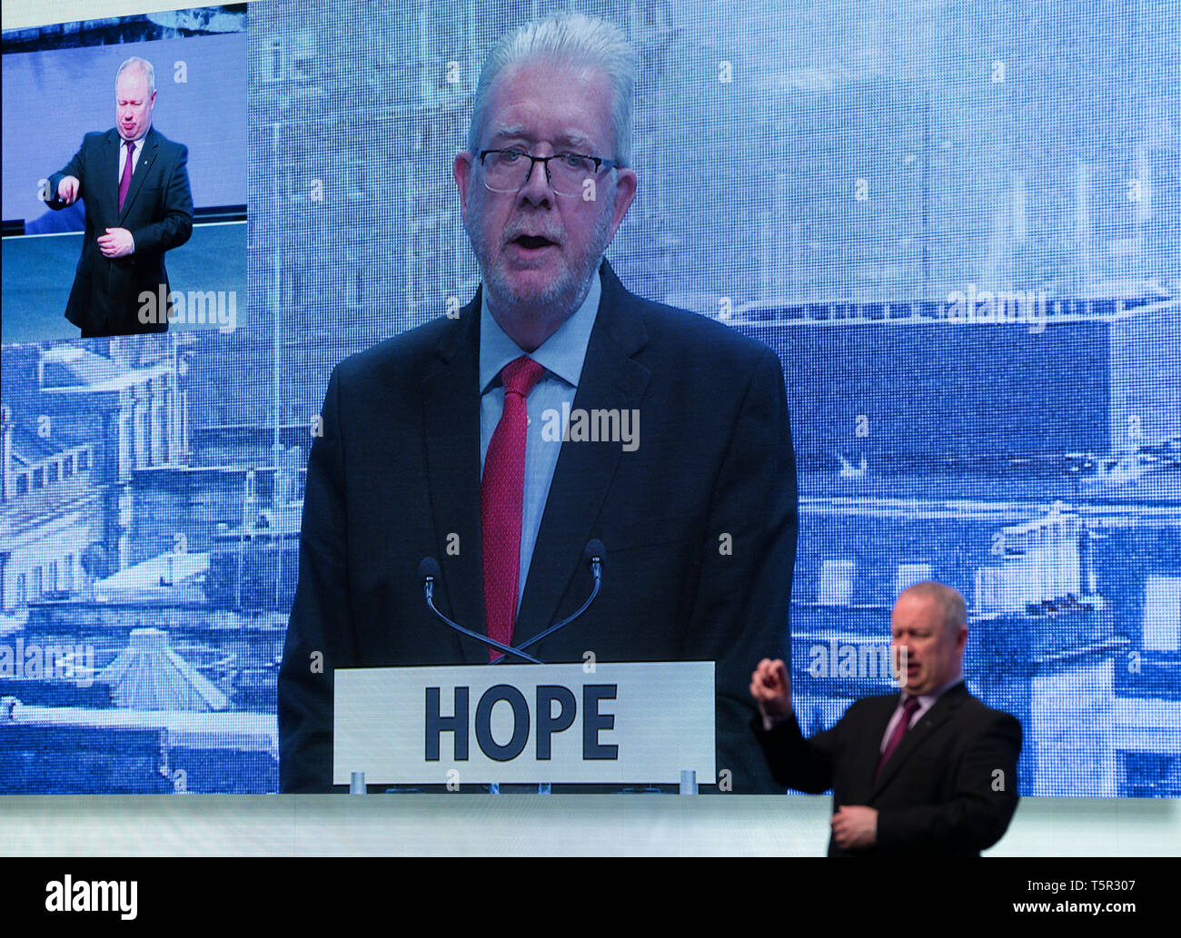 Edinburgh, Scotland, UK. 27th Apr, 2019. SNP ( Scottish National Party) Spring Conference takes place at the EICC ( Edinburgh International Conference Centre) in Edinburgh. Michael Russell MSP, Cabinet Secretary for Government Business and Constitutional Affairs, making welcome address to delegates. Credit: Iain Masterton/Alamy Live News Credit: Iain Masterton/Alamy Live News Stock Photo