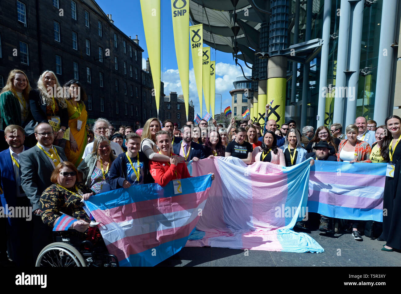Edinburgh, Scotland, United Kingdom. 27th Apr, 2019. MPs, MSPs, Ministers, party delegates, and campaigners, gather in a show of solidarity with the transgender community, outside the Edinburgh International Conference Centre where the SNP Spring Conference is taking place. Credit: Ken Jack/Alamy Live News Stock Photo