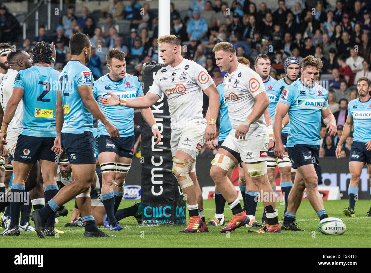 Sydney, Australia. 27th Apr, 2019. Daniel du Preez of Cell C Sharks  celebrates scoring a try during the Super Rugby match between Waratahs and  Sharks at Bankwest Stadium, Sydney, Australia on 27