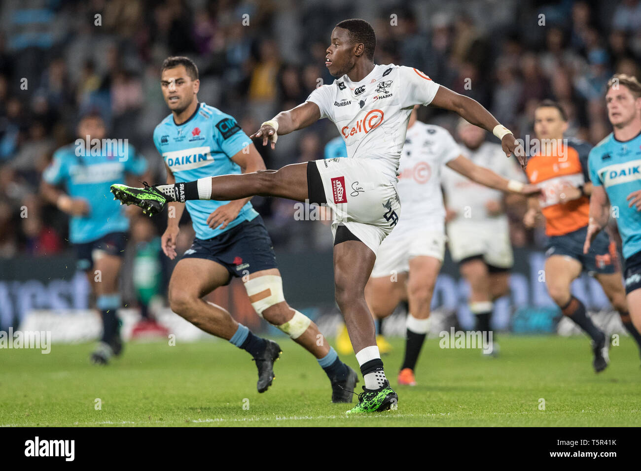 Sydney, Australia. 27th Apr, 2019. Aphelele Fassi of Cell C Sharks kicks in  general play during the Super Rugby match between Waratahs and Sharks at  Bankwest Stadium, Sydney, Australia on 27 April