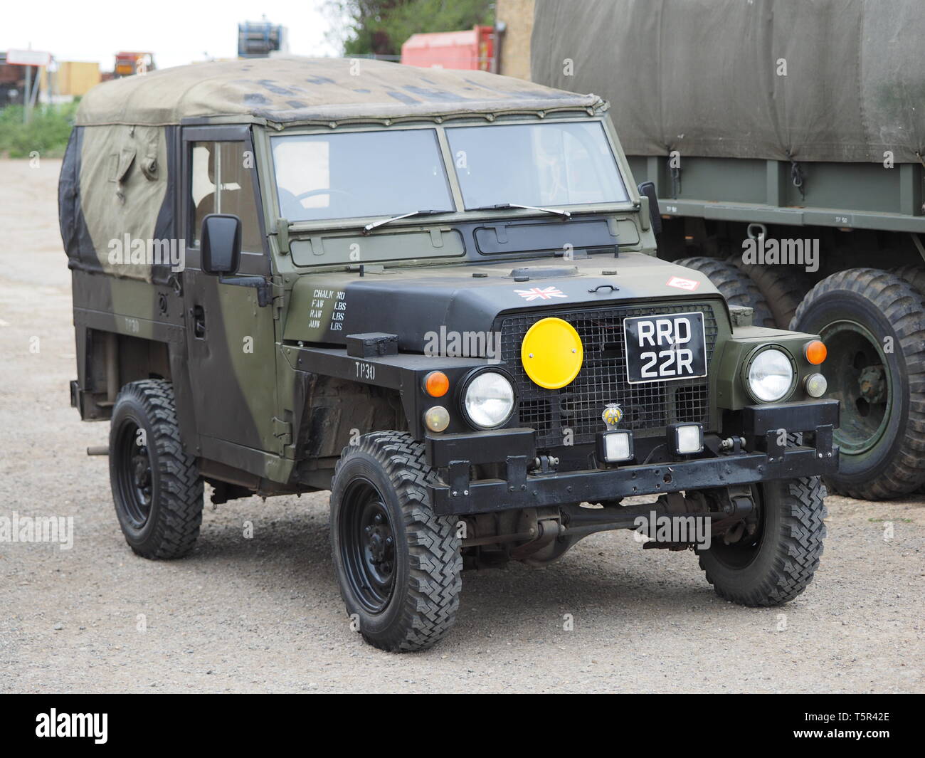 Eastchurch, Kent, UK. 27th April, 2019. Invicta Military Vehicle Preservation Society put on a display of vehicles at the Aviation Museum in Eastchurch, Kent today. Pic: a 1977 petrol army / military Land Rover. Credit: James Bell/Alamy Live News Stock Photo