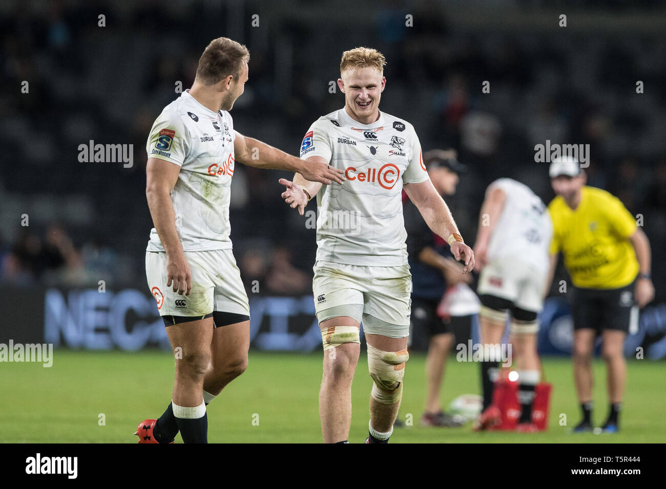 Sydney, Australia. 27th Apr, 2019. Daniel du Preez of Cell C Sharks congratulates Andre Esterhuizen of Cell C Sharks on his try during the Super Rugby match between Waratahs and Sharks at Bankwest Stadium, Sydney, Australia on 27 April 2019. Photo by Peter Dovgan. Editorial use only, license required for commercial use. No use in betting, games or a single club/league/player publications. Credit: UK Sports Pics Ltd/Alamy Live News Stock Photo