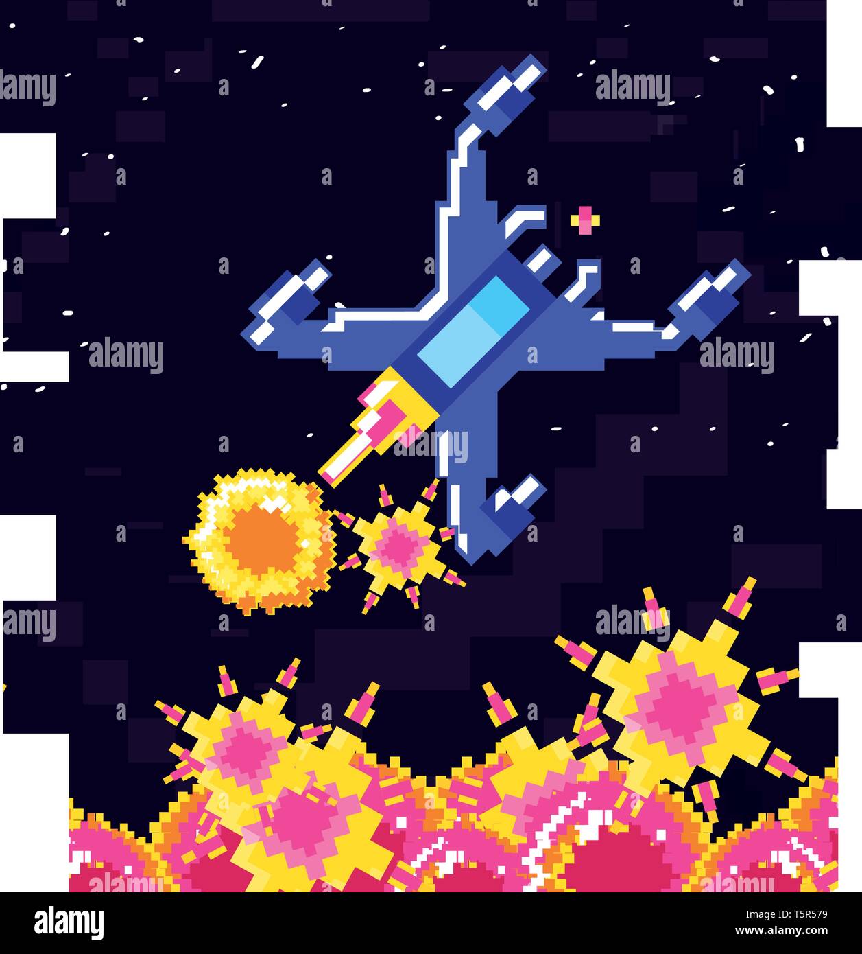 video game spaceship flying in stage scene pixelated vector ...