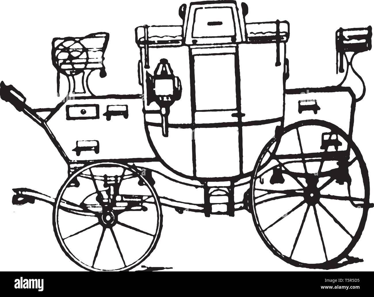 Tally ho Mail Coach usually closed four wheeled carriage with two or more horses, vintage line drawing or engraving illustration. Stock Vector