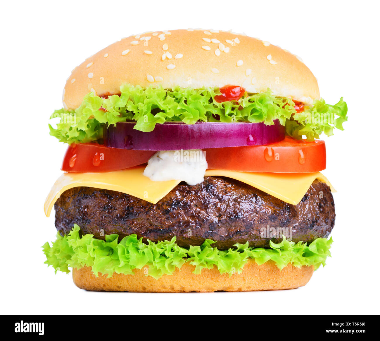 Big cheeseburger isolated on white background Stock Photo