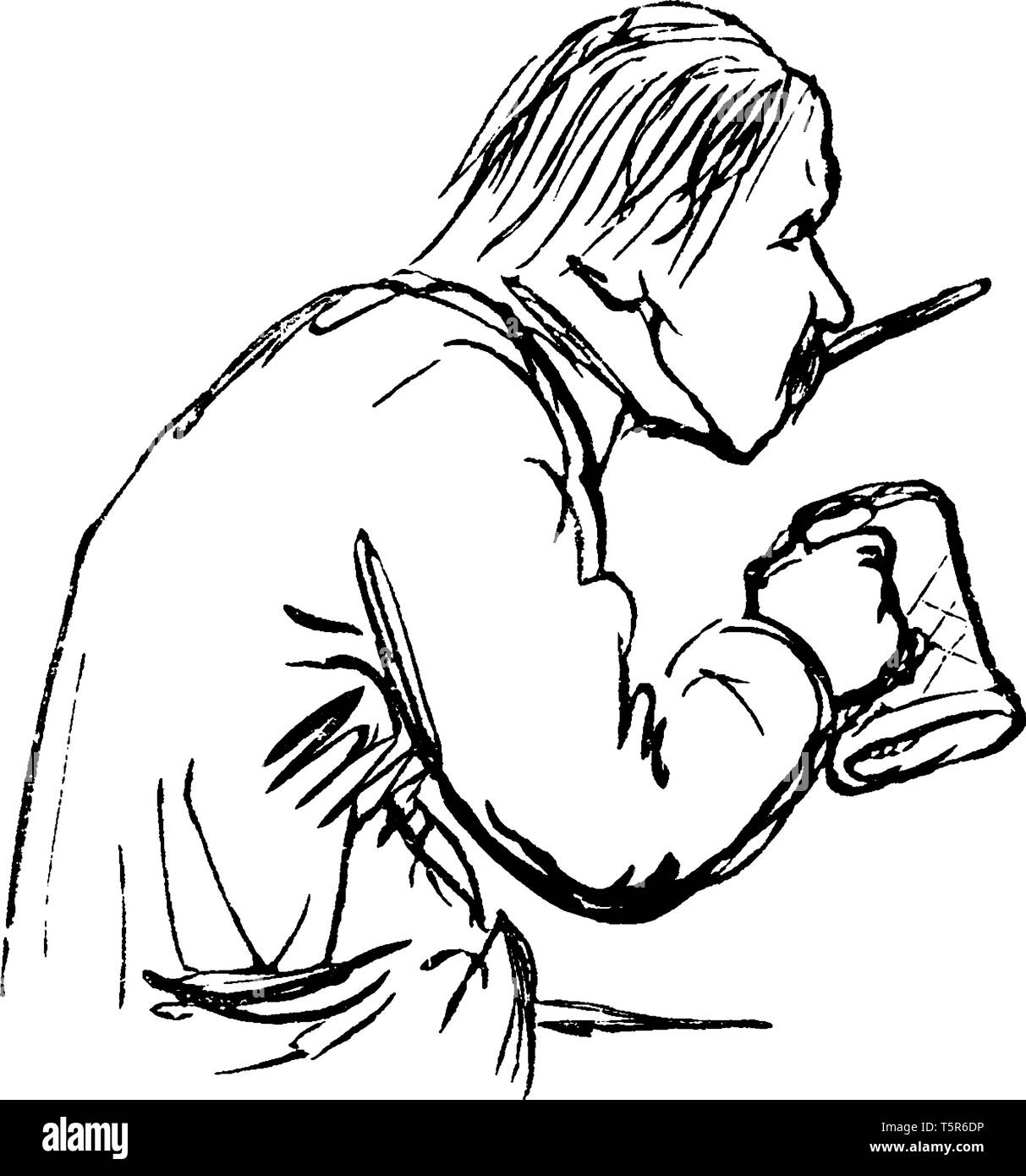 A man eating out of a mug, vintage line drawing or engraving