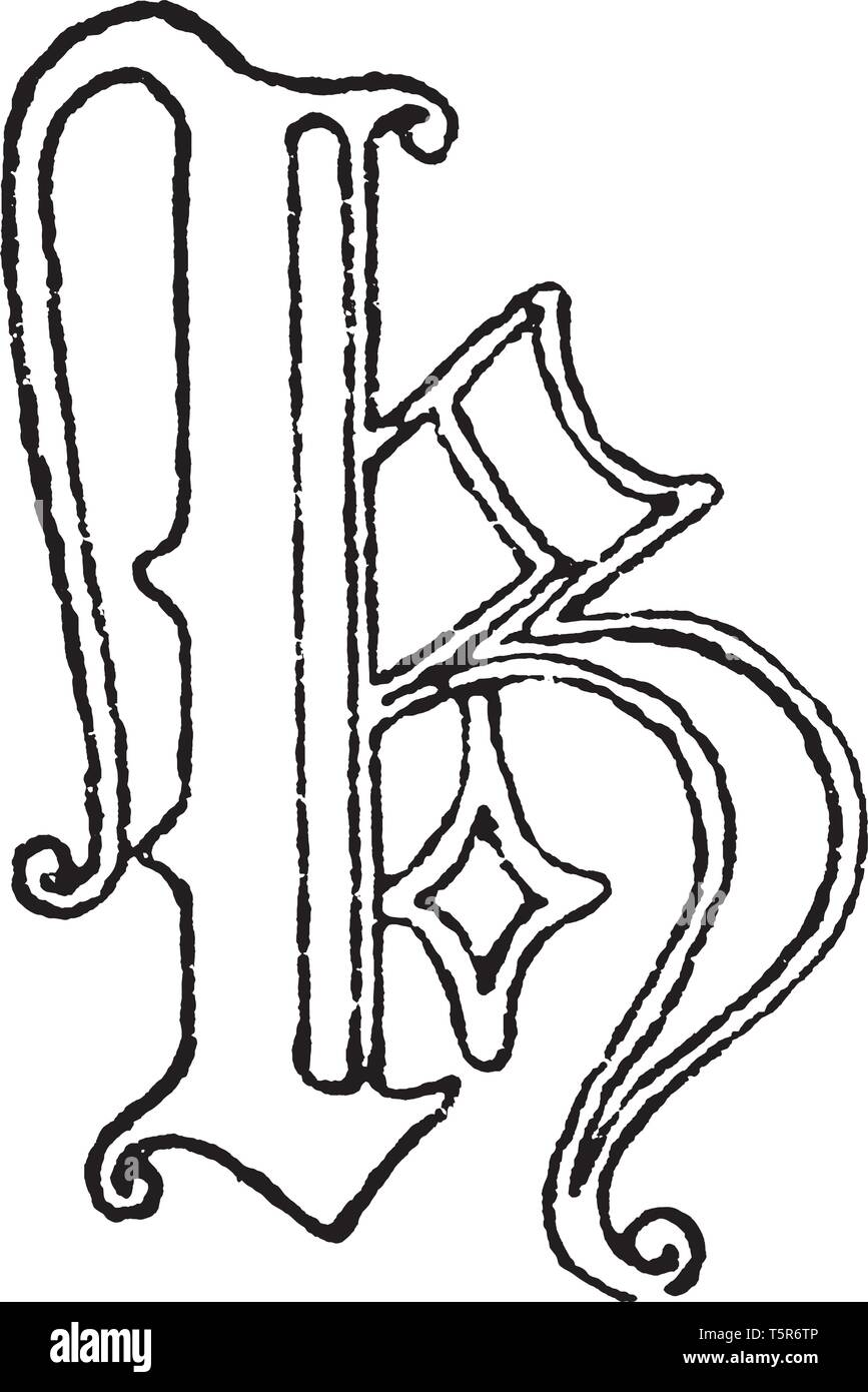 An old English letter K, vintage line drawing or engraving illustration Stock Vector