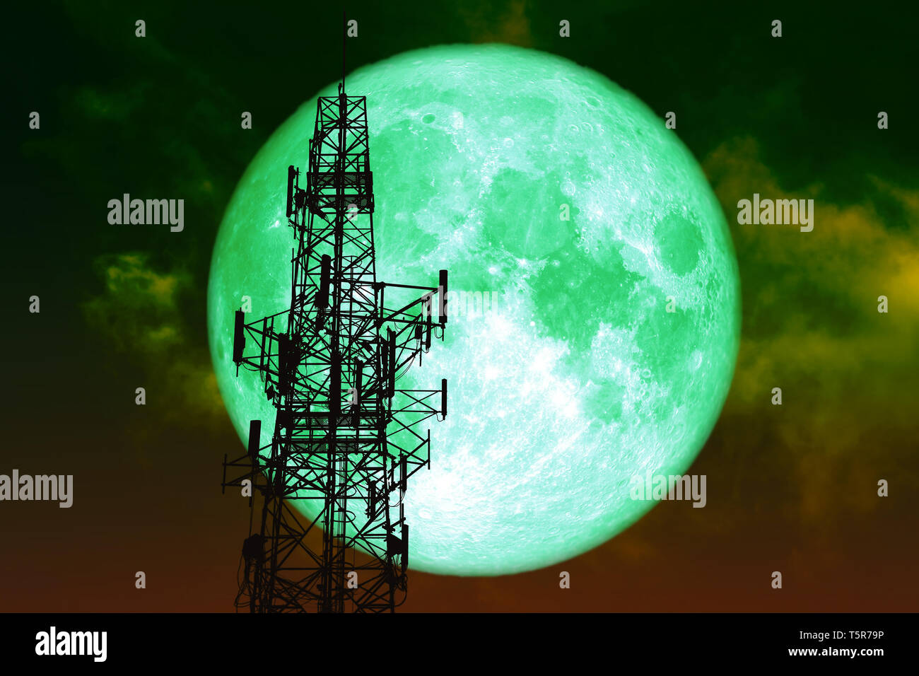 super green moon back silhouette Antenna night red cloud on sky, Elements of this image furnished by NASA Stock Photo
