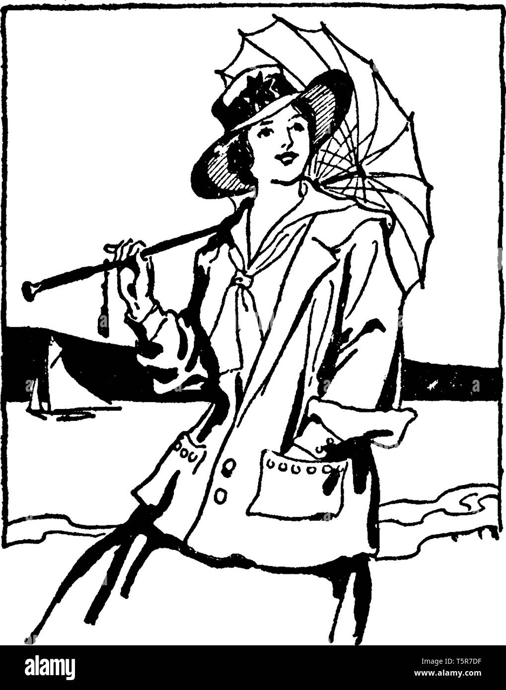 A woman wearing raincoat and holding umbrella, vintage line drawing or
