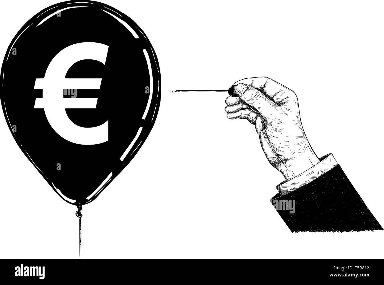 Cartoon drawing conceptual illustration of hand of businessman with needle or pin popping Euro currency symbol balloon. Stock Vector