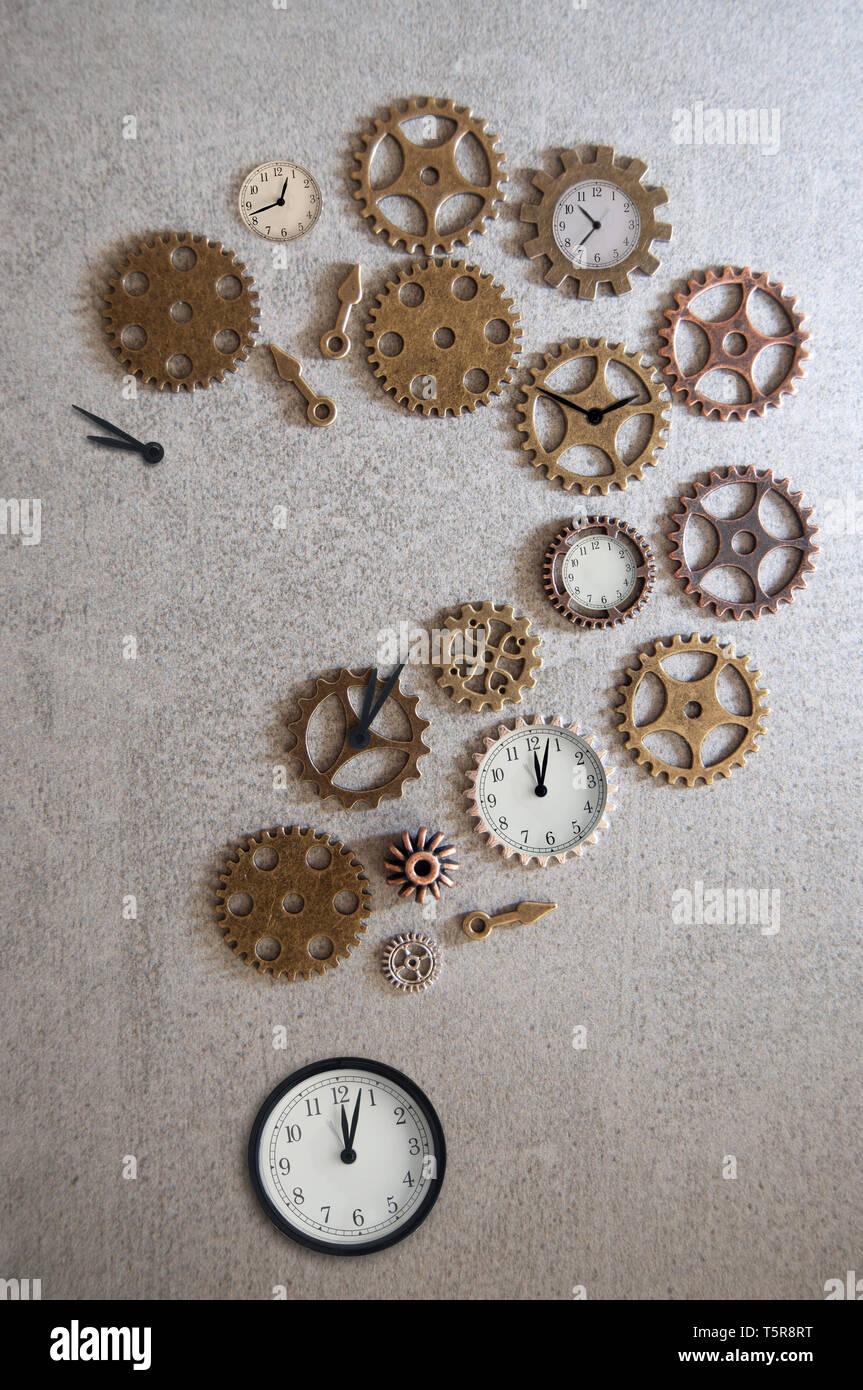 Clock parts including hands gears and cogs made in the shape of a