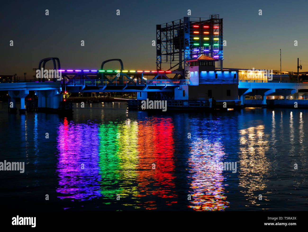 Tampa's Fortune Taylor Bridge is illuminated as one of the city's public art works on the bridges spanning the Hillsborough River along Tampa's Riverw Stock Photo