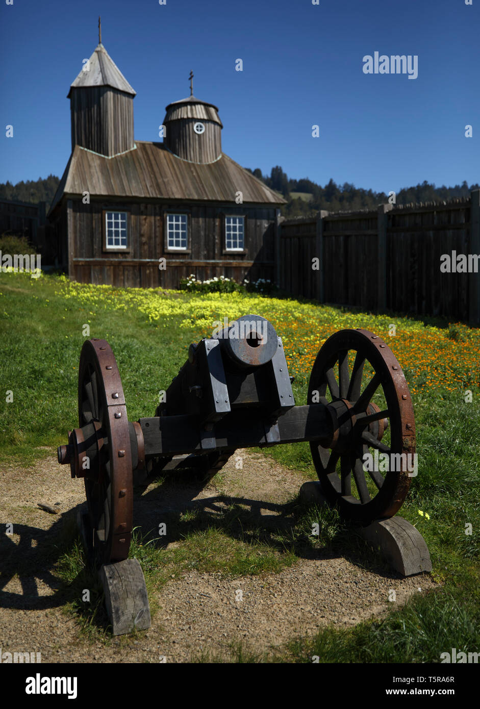 The Fort Ross State Historic Park near Jenner on California's Sonoma Coast is home to a preserved wooden Russian settlement from the early 1800's and  Stock Photo