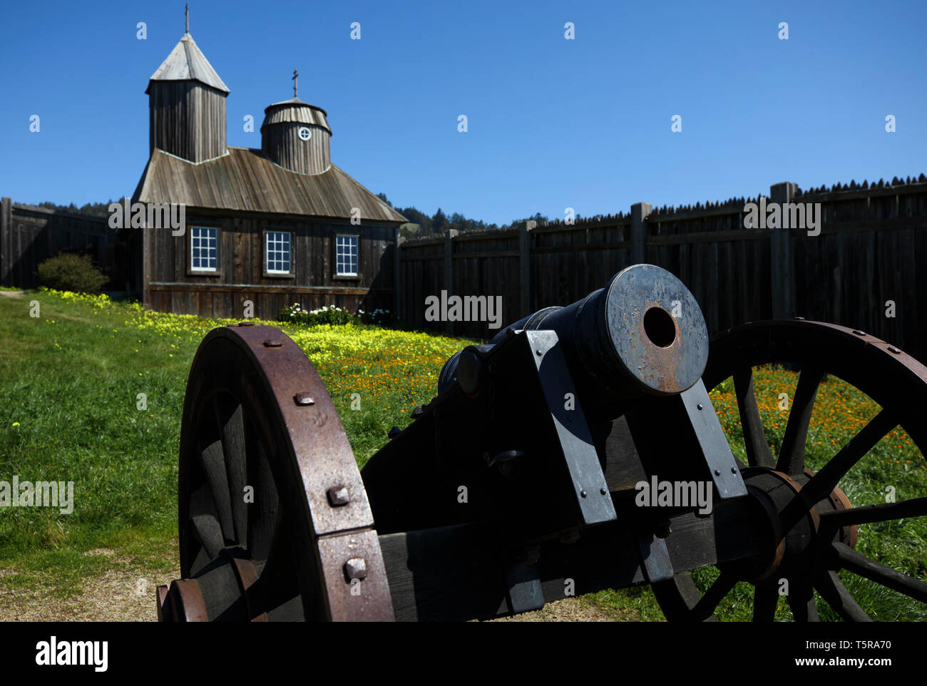 The Fort Ross State Historic Park near Jenner on California's Sonoma Coast is home to a preserved wooden Russian settlement from the early 1800's and  Stock Photo
