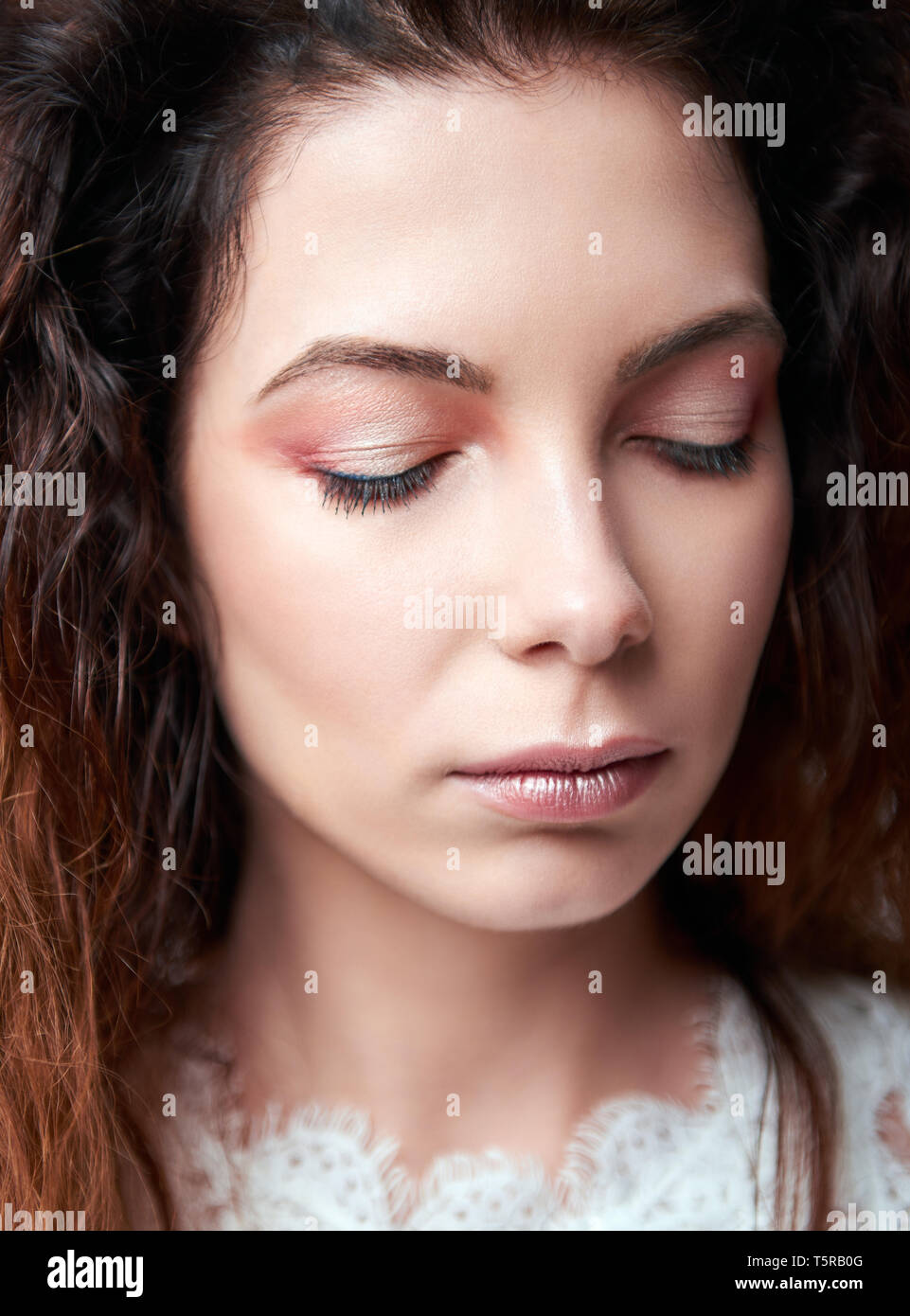 Close-up portrait of the beautiful young girl with closed eyes Stock ...