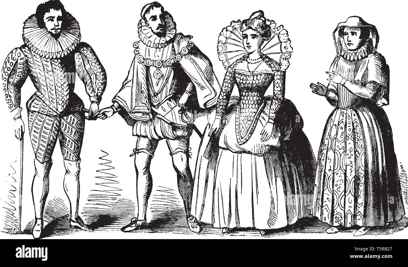 Elizabethan Costumes worn during the Elizabethan Era, vintage line drawing or engraving illustration. Stock Vector
