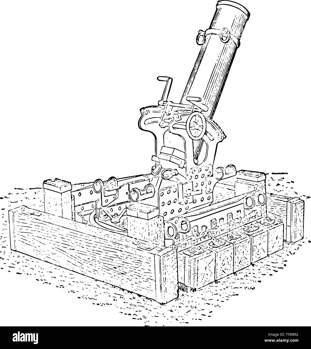 240 mm Trench Mortar used by the French during World War I, vintage line drawing or engraving illustration. Stock Vector