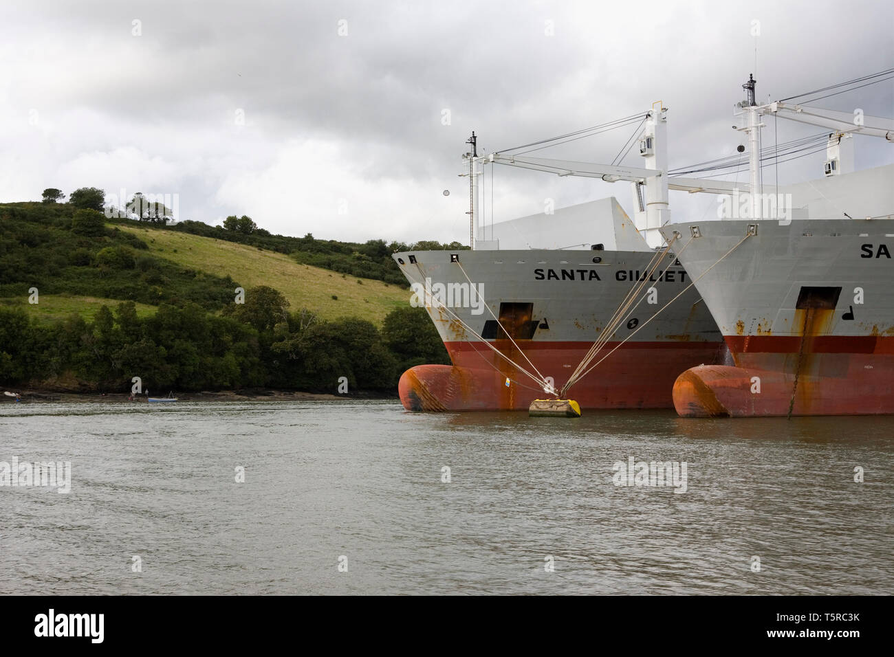 river fal above king harry ferry at tolverne, with two huge freighters laid up on moorings in the river Stock Photo