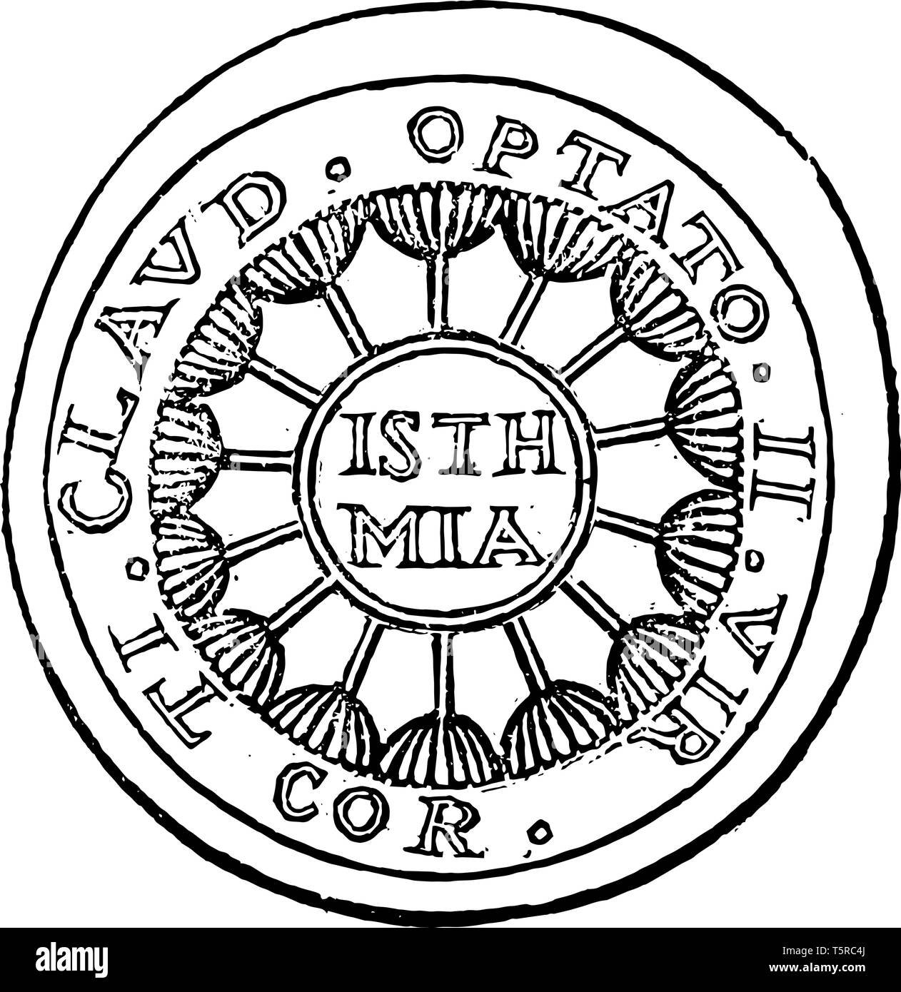 This image shows the medal made by using a pattern such as the concentric circle. The first and third circles are filled with the text and are filled  Stock Vector