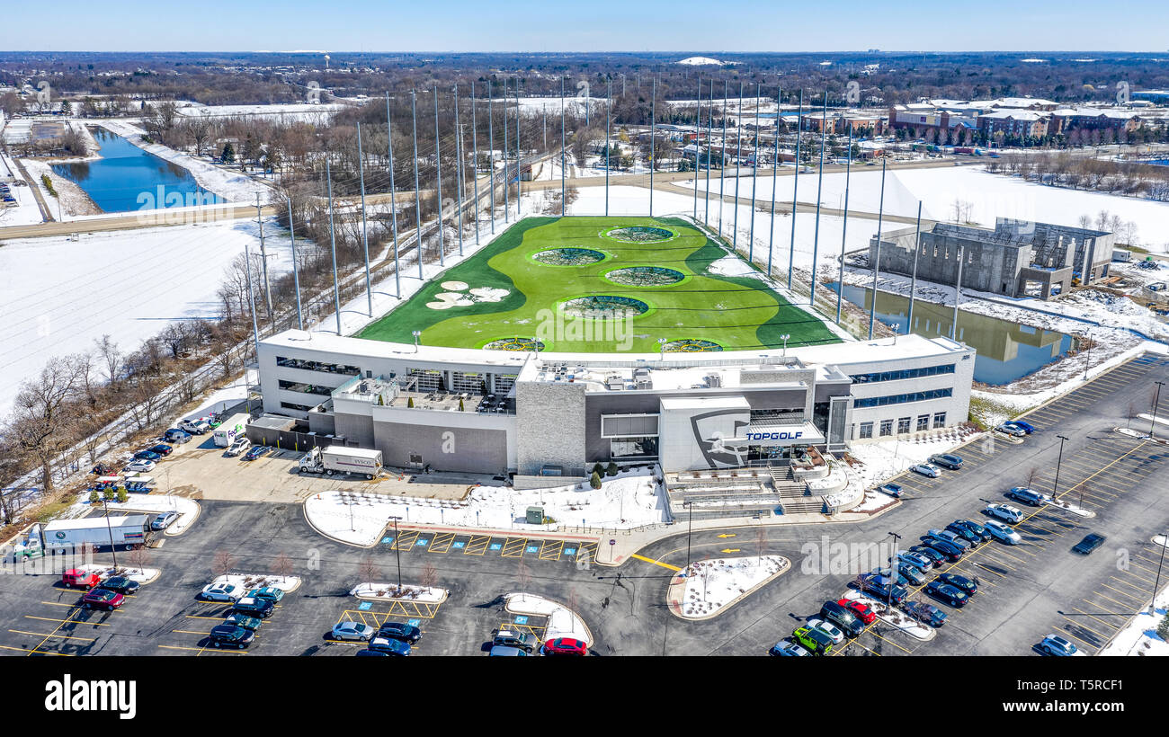 A drone / aerial view of TopGolf. Topgolf features three floors of