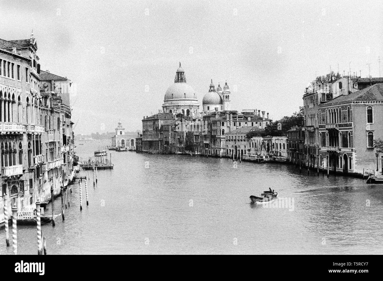 Venice, Italy, 1980 - black and white photo - Overview of the Grand Canal from the Accademia bridge, with the Basilica of Santa Maria della Salute in the background Stock Photo
