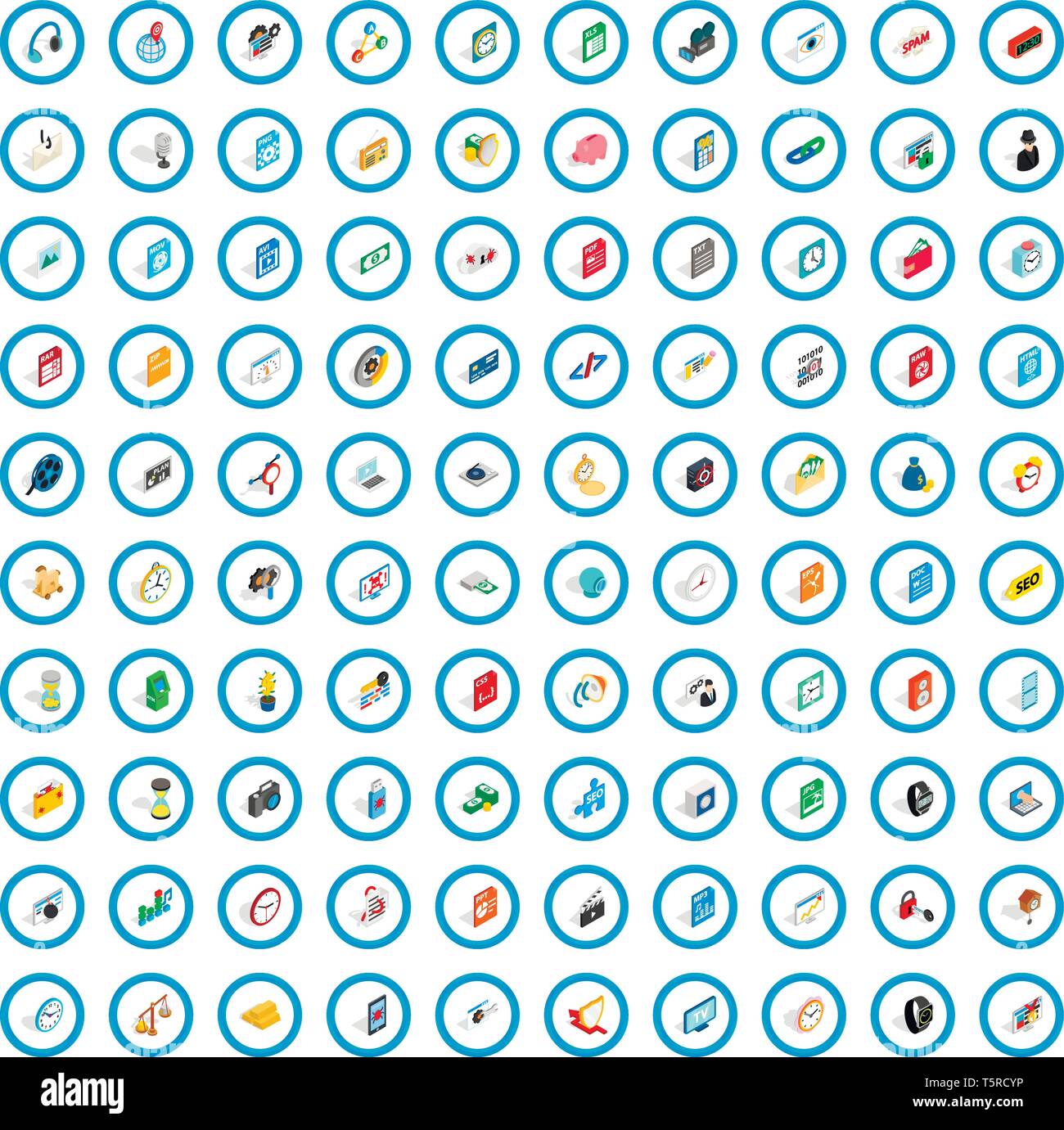 100 video icons set, isometric 3d style Stock Vector