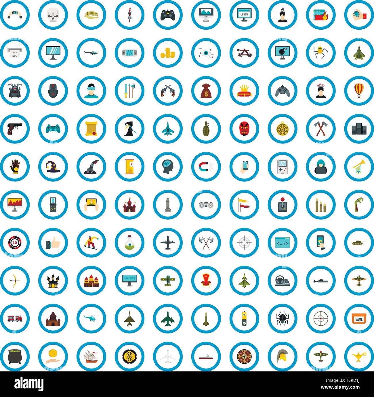 100 videogame icons set, flat style Stock Vector