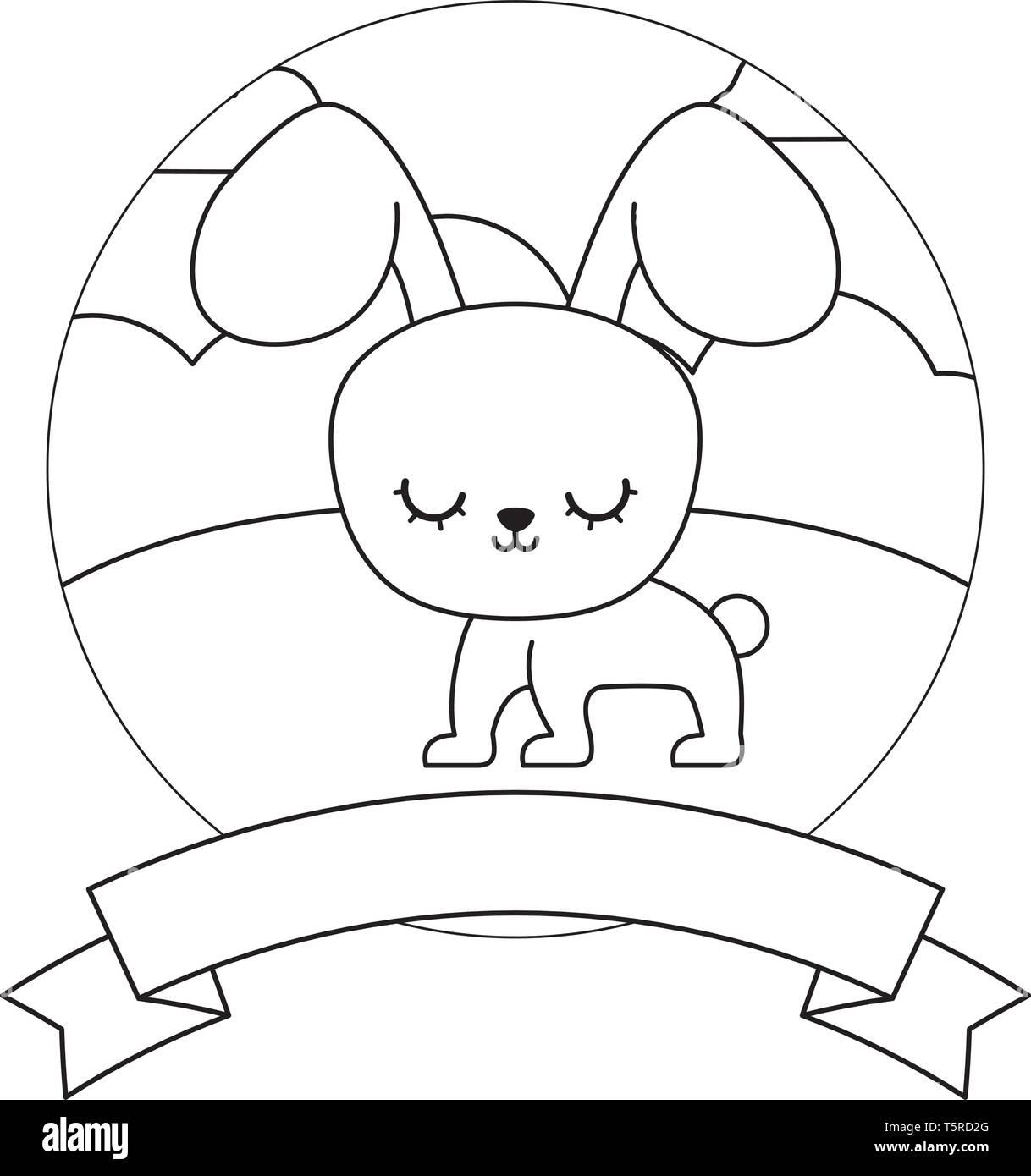 cute rabbit in landscape with frame and ribbon vector illustration ...