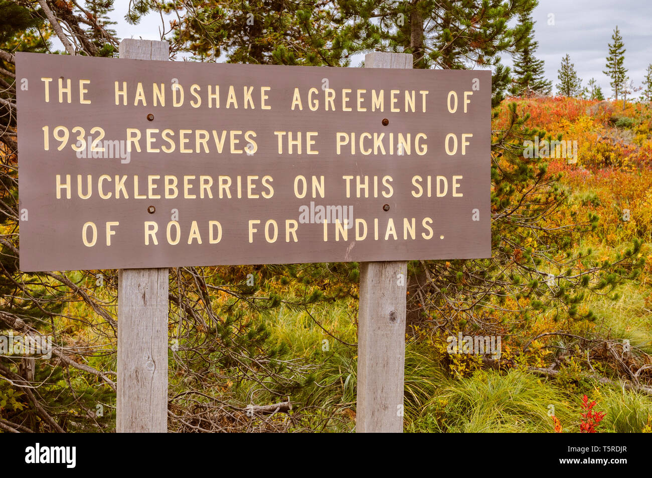 Native American treaty rights sign at Sawtooth Berry Fields, Gifford Pinchot National Forest, Washington. Stock Photo