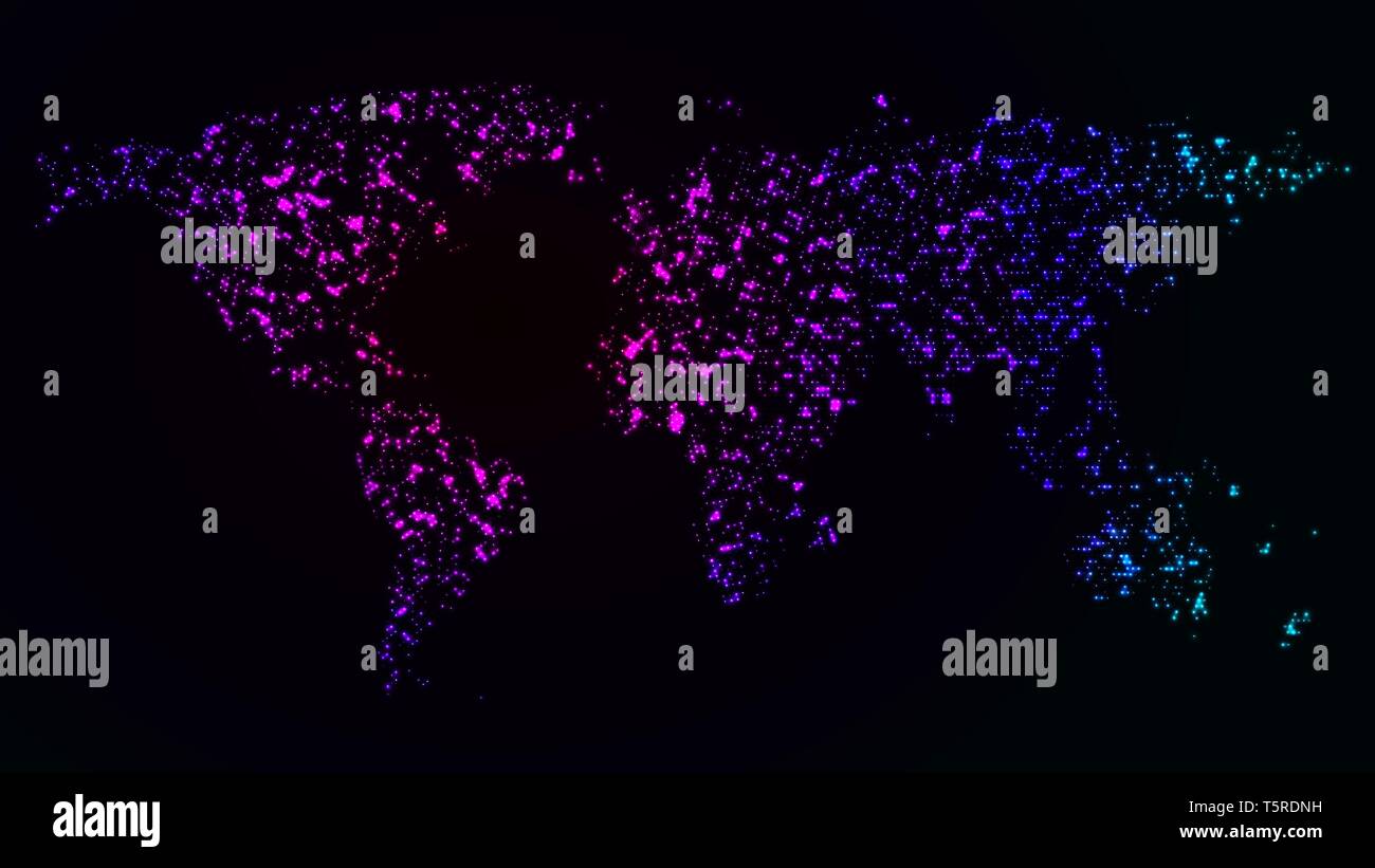 Glowing dotted map of the world. Big data visualization of the global communication and